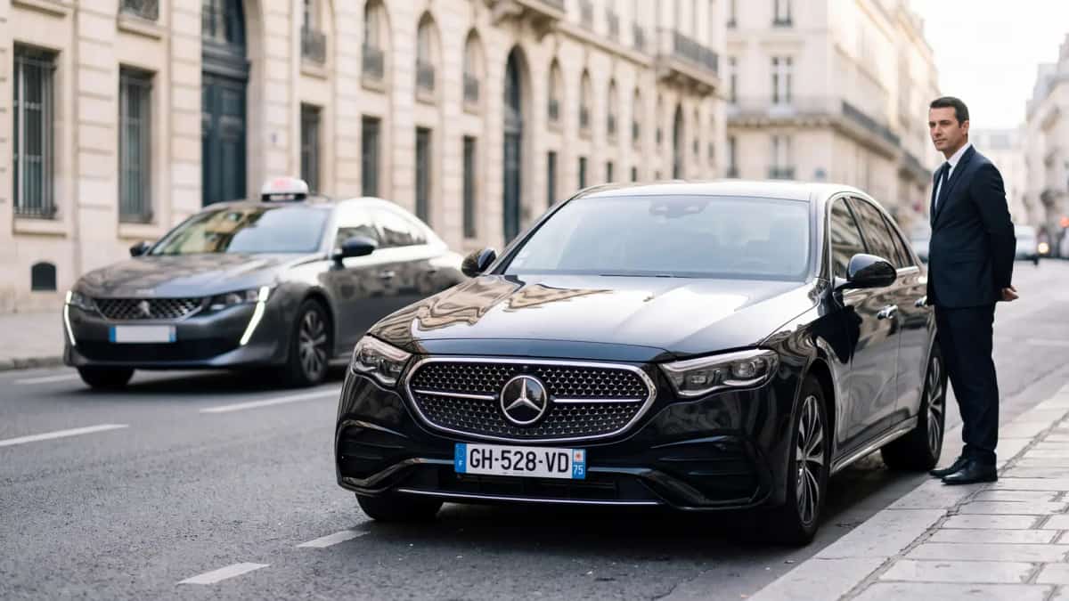 Chauffeur privé en attente près d’une Mercedes Classe E à Paris tandis qu’un taxi passe