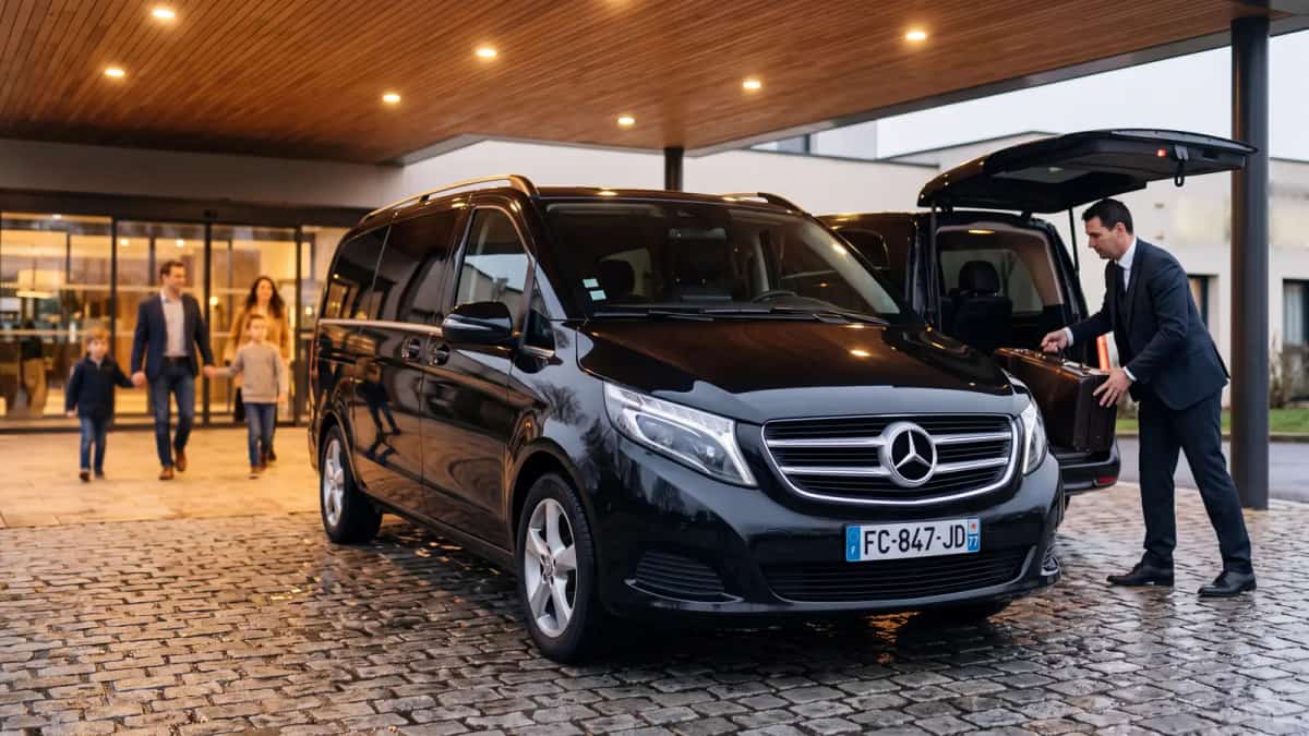 Chauffeur chargeant les bagages dans un van Mercedes Classe V devant un hôtel près de Disneyland Paris