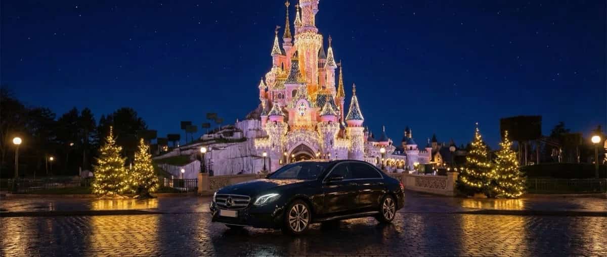 Mercedes private chauffeur car in front of Sleeping Beauty Castle at Disneyland Paris