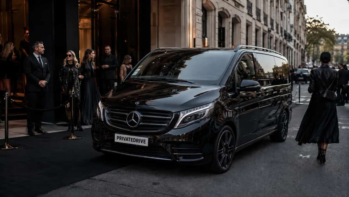 Mercedes Classe V noire avec chauffeur privé devant un défilé à Paris pendant la Fashion Week