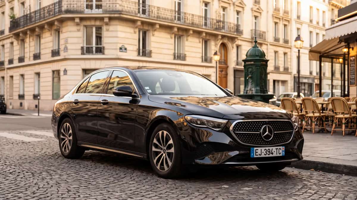 Mercedes Classe E d’un service VTC Paris agréé, garée à un coin de rue parisien près d’une fontaine Wallace
