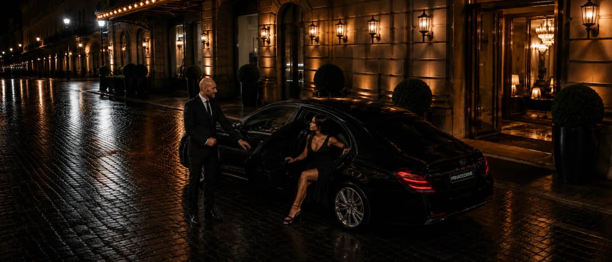 Chauffeur in a dark suit holding the door of a black Mercedes S-Class for a client outside a Paris palace hotel at night