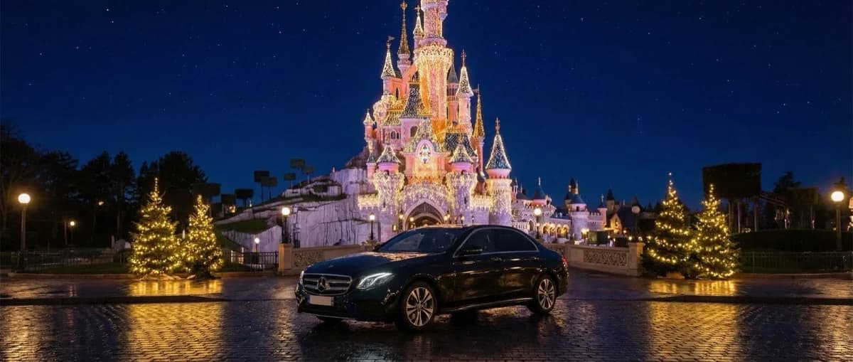 Voiture Mercedes chauffeur privé devant le Château de la Belle au Bois Dormant à Disneyland Paris