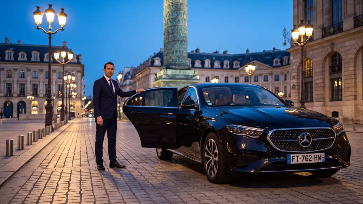 Chauffeur ouvrant la portière d’une Mercedes Classe E au crépuscule place Vendôme à Paris
