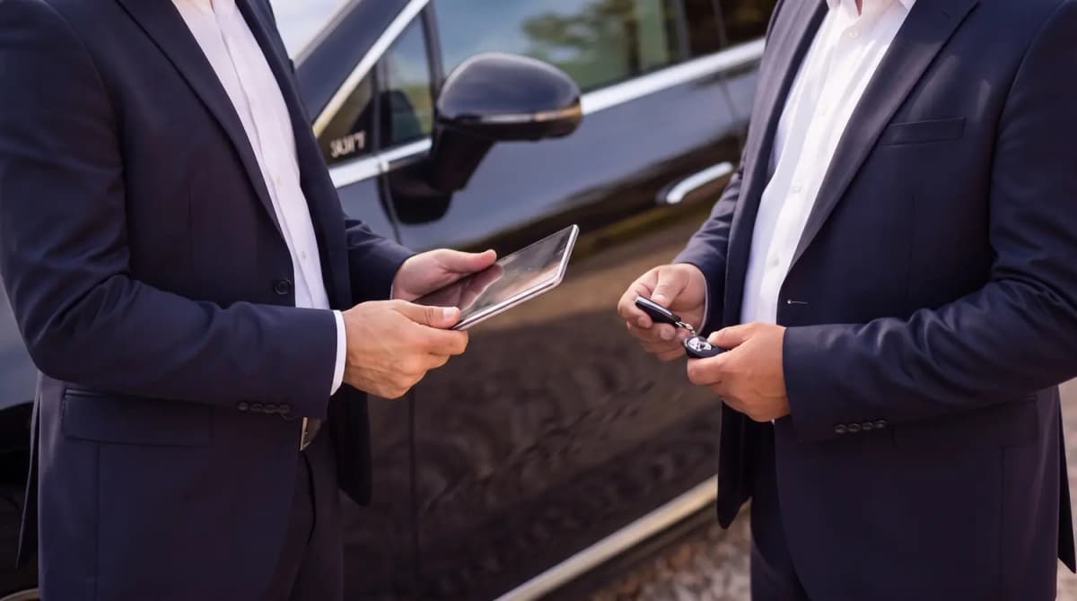 A PrivateDrive chauffeur handing over the car key beside a black Mercedes
