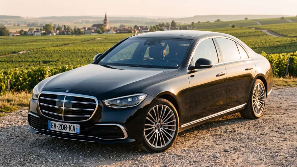 Mercedes Classe S dominant les vignobles de Champagne et un village près d’Épernay en excursion privée