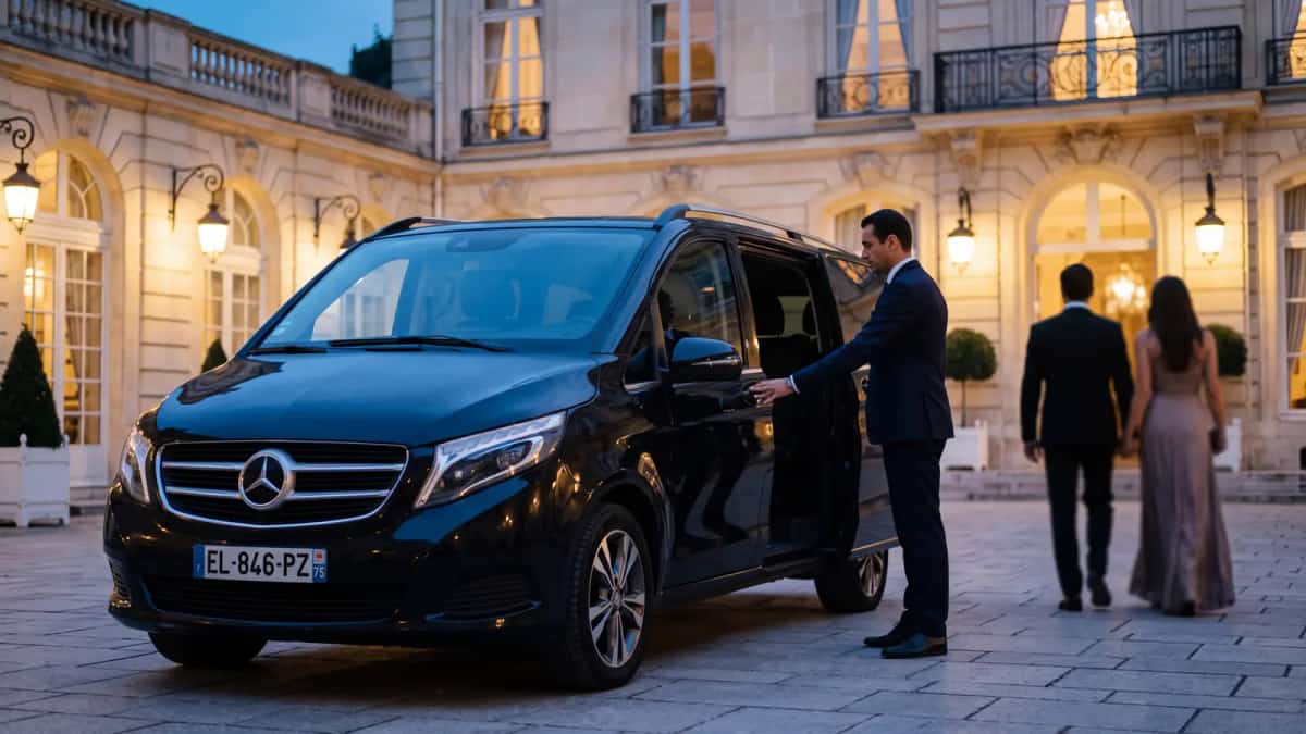 Chauffeur tenant la porte coulissante d’une Mercedes Classe V dans la cour d’un hôtel particulier parisien au crépuscule
