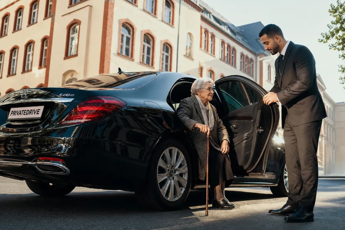 Chauffeur aidant une cliente à descendre d'une Mercedes Classe S