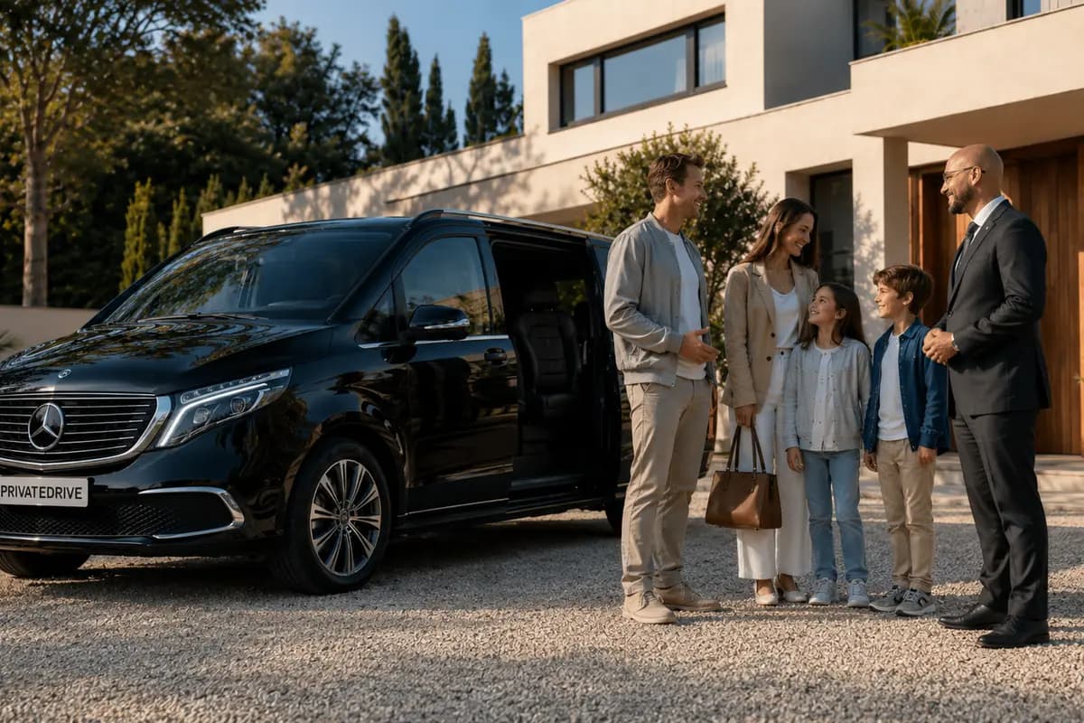Famille accueillie par un chauffeur devant un Mercedes Classe V noir